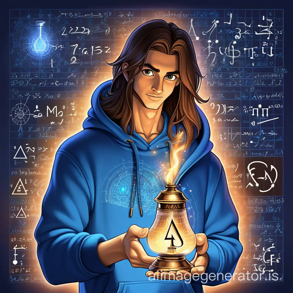 The guy with long brown hair in a blue hoodie with drawstrings holds the lamp of Aladdin in his hands, from which mathematical equations emerge as magical dust: TENSOR ALGEBRA with tensor matrices, against the backdrop of records on linear spaces, vectors, linear algebra. Key words: LINEAR ALGEBRA, MATRICES, TENSORS