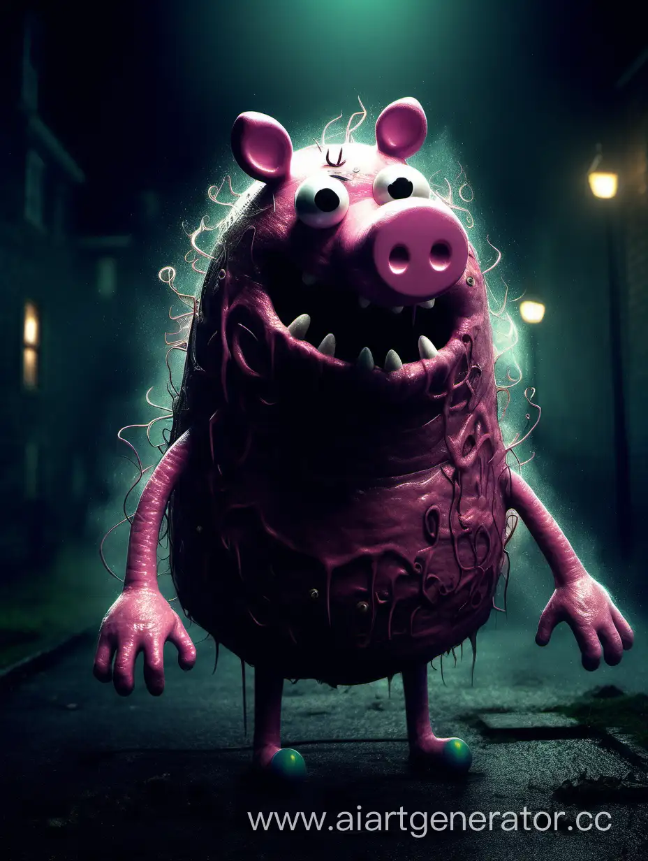 A creepy peppa pig Monster, dark background, gloomy lights, dark fantasy atmosphere 