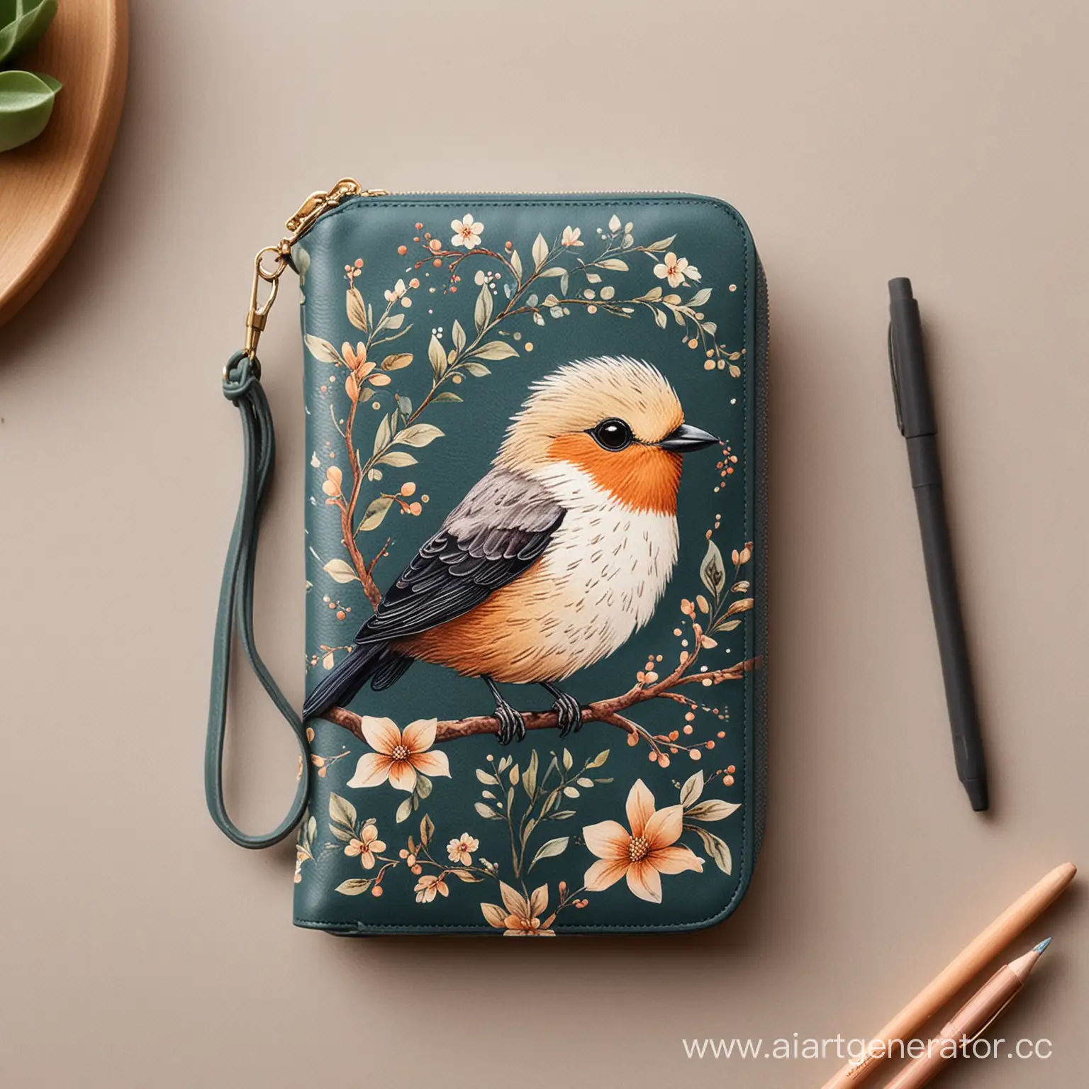 Нарисуй милый арт на женской сумочке для телефона в стиле птиц. Сумочка лежит на столе