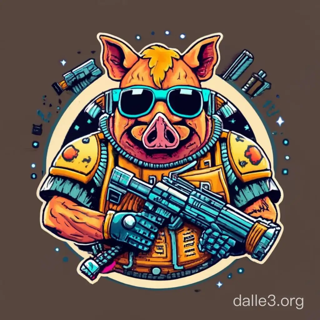 round bordered logo of wild hog snort with sunglasses space marine with gun brutal, pixel art 