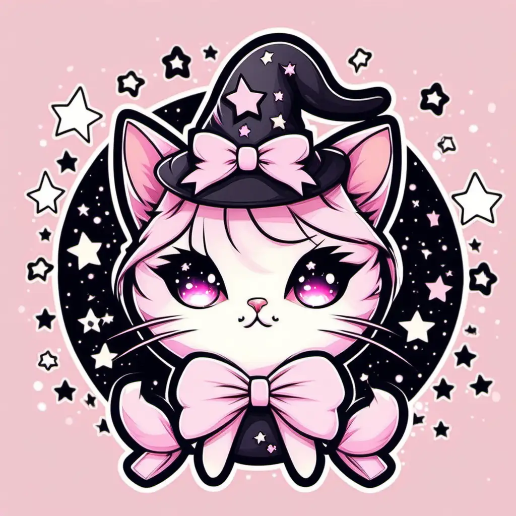 cute chibi witchy cat with a cute big soft pink bow surrounded by cute stars, vector illustration, pastel goth style, pastel pink color theme sticker design