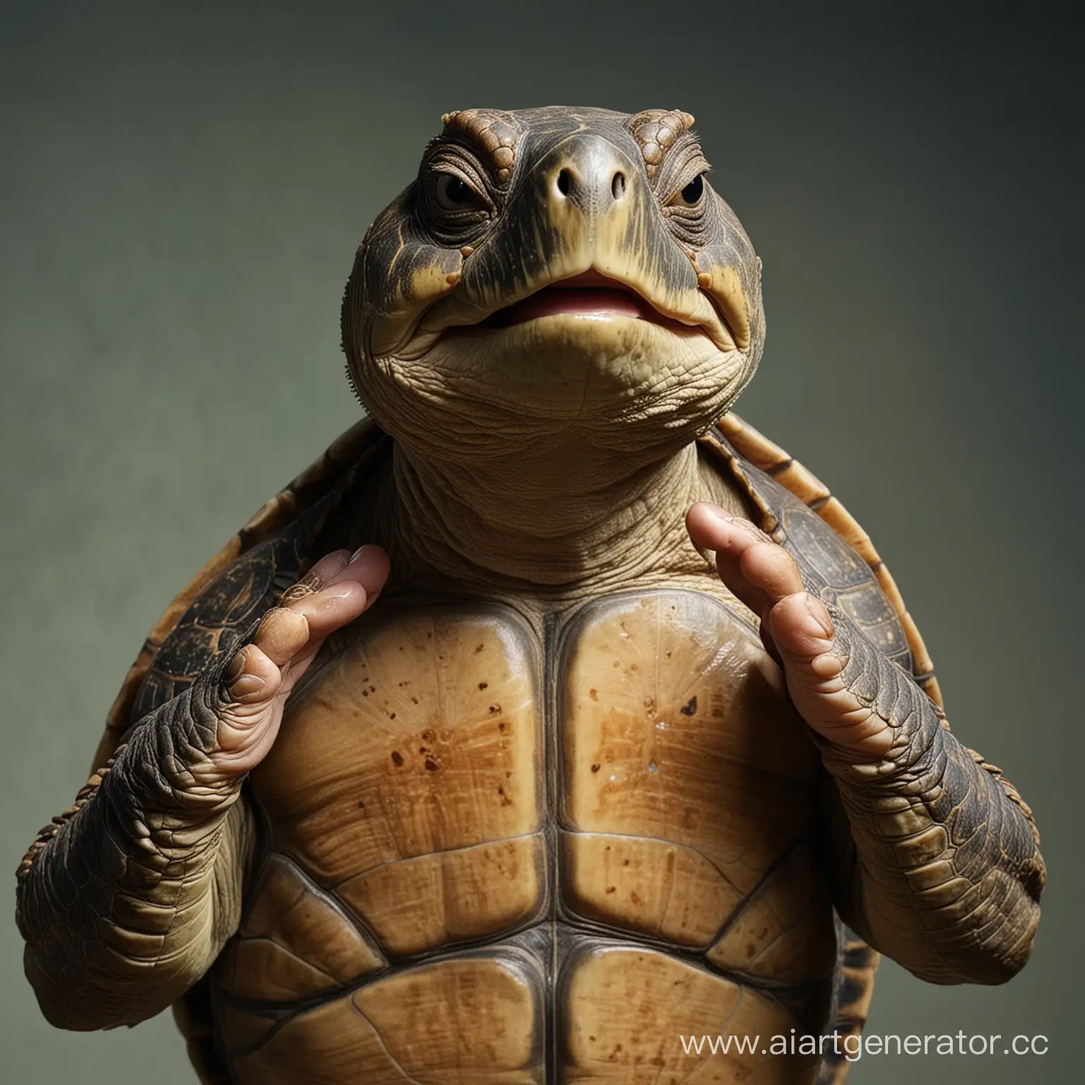 черепаха-человек стоя на задних ногах и задрав голову вверх с довольным выражением лица и закрытыми глазами натирает себе щеки руками
