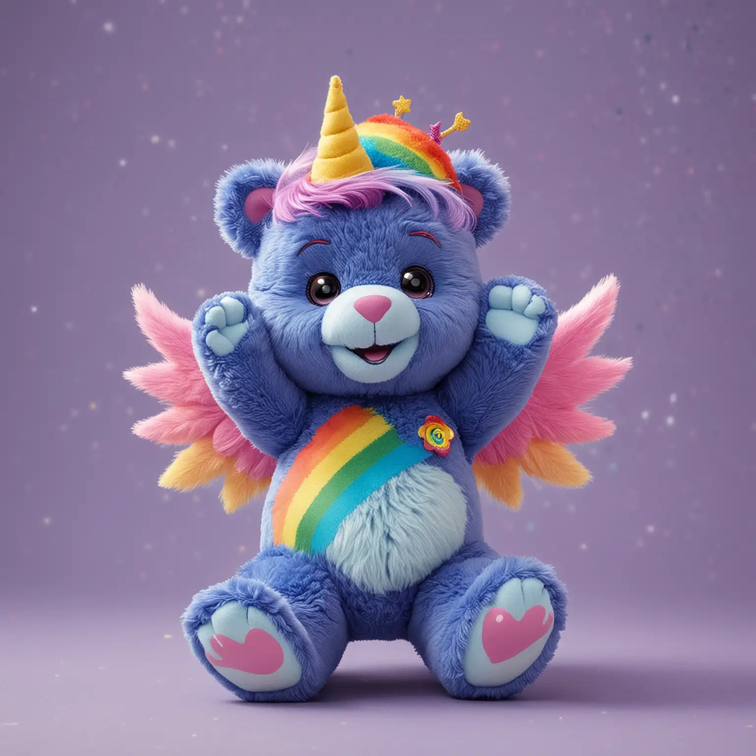 happy magical flying fuzzy indigo care bear with rainbow unicorn horn and third eye and magical rainbow wings, flying


