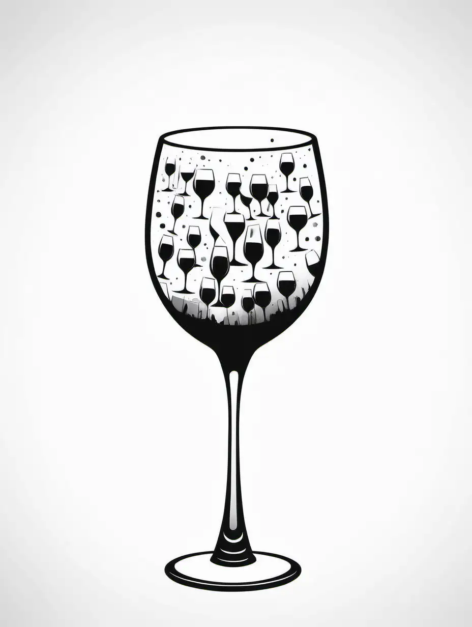 cartoon wine glass with silhouette party inside illustration black and white with white background