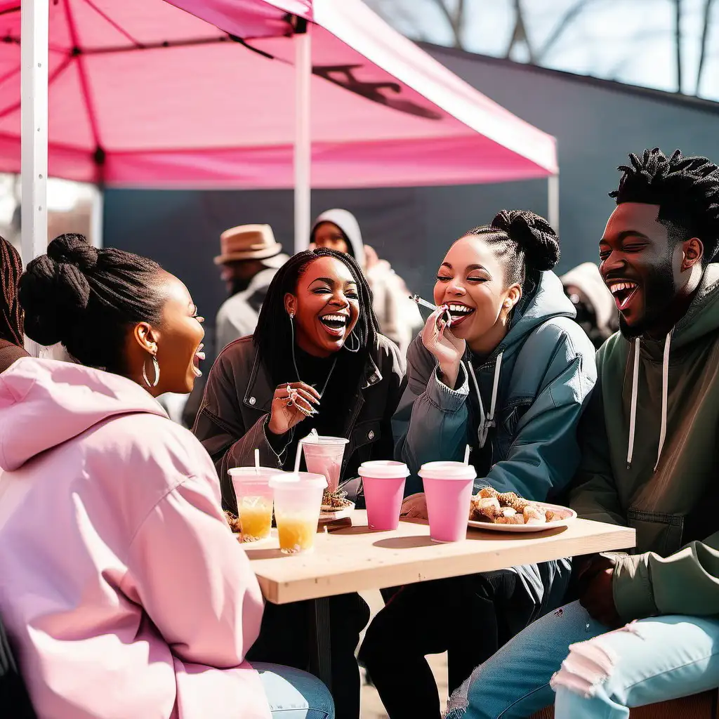 A group of black friends hanging out  at an outdoor cannibas brunch with vendor tents in the background laughing smoking joints in February 2024 at a pink coffee shop 