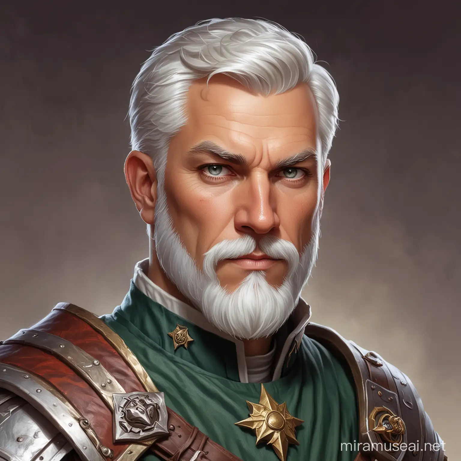 dungeons and dragons,white short hair, short beard, honorable, ex-military, executive charismatic man