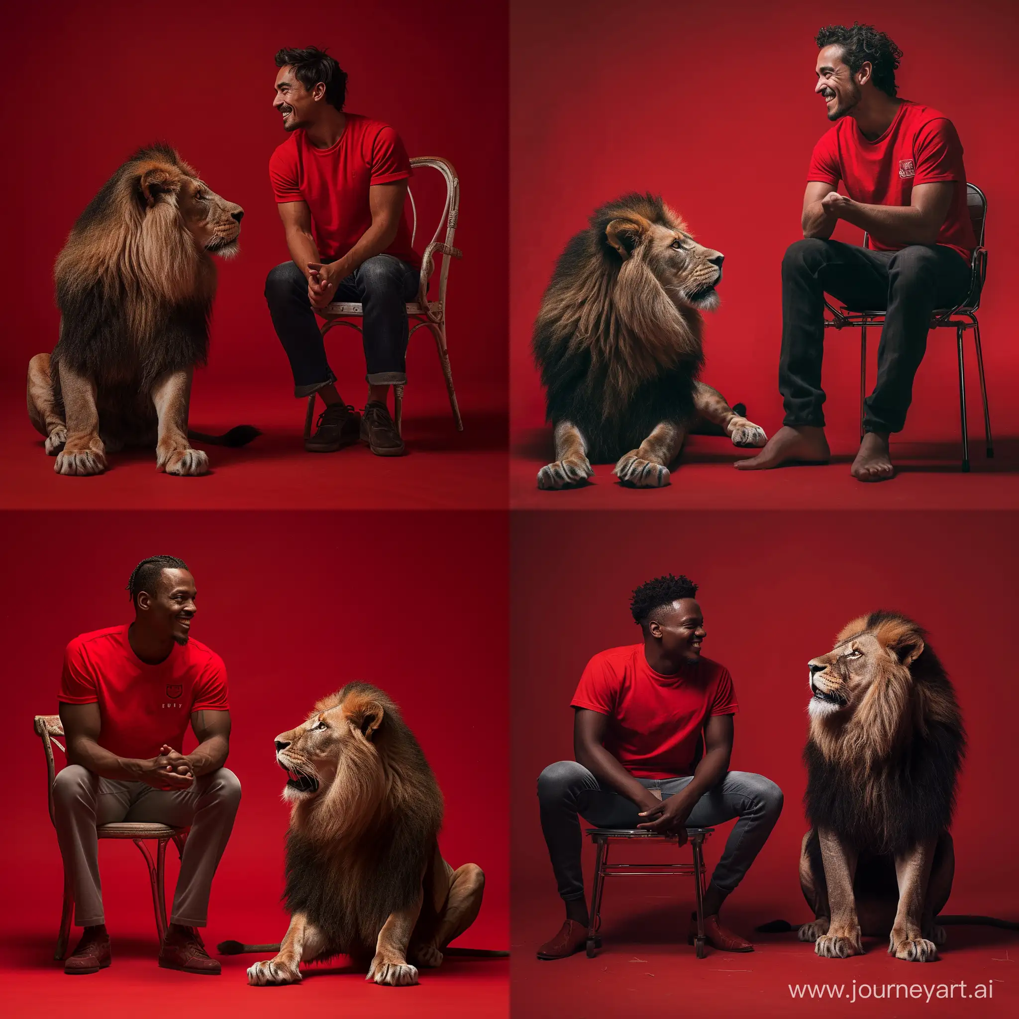 Joyful-Encounter-Smiling-Man-and-Lion-in-Studio-with-Red-Background