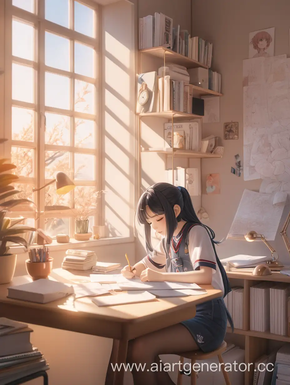 красивая эстетичная аниме девочка делает уроки в своей эстетичной комнате, рядом окно залитое солнечным светом
