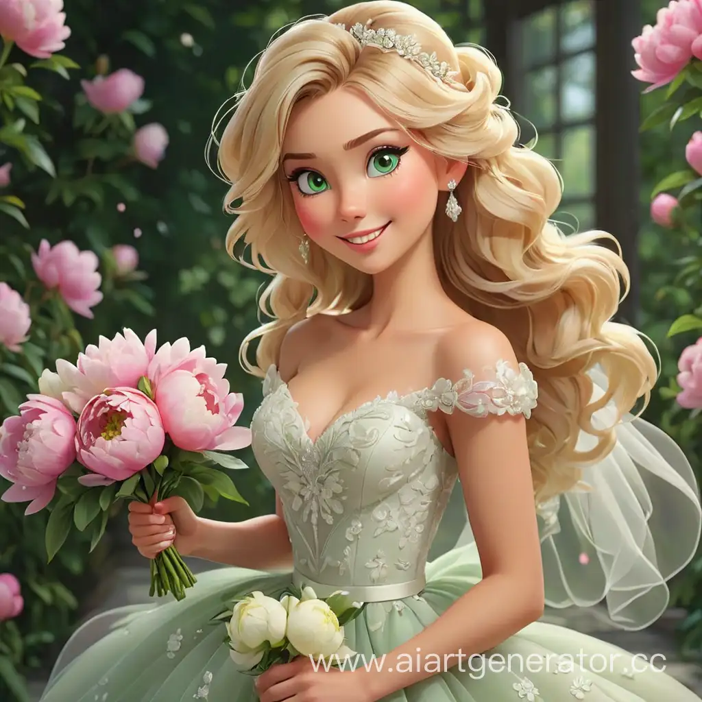 Blonde-Bride-with-Green-Eyes-Holding-Peony-Bouquet-in-Cartoon-Style