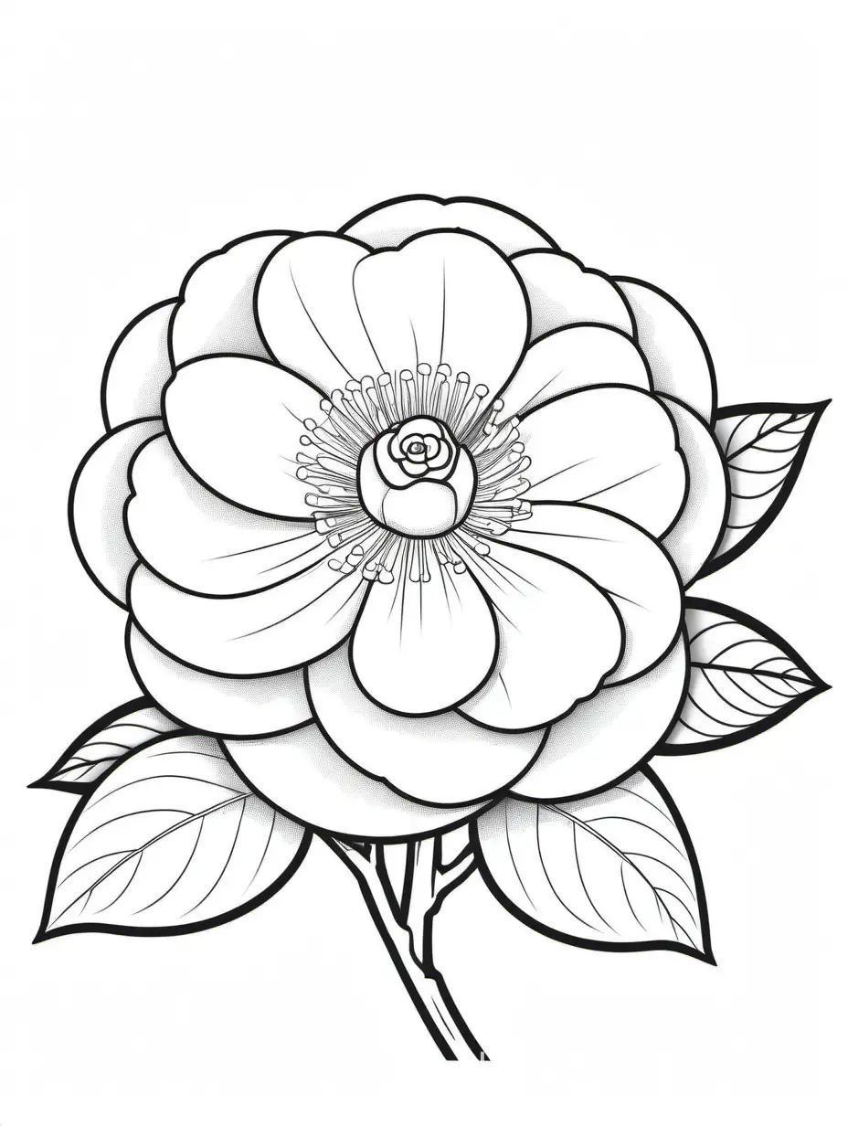 camellia flower, Coloring Page, black and white, line art, white background, Simplicity, Ample White Space. The background of the coloring page is plain white to make it easy for young children to color within the lines. The outlines of all the subjects are easy to distinguish, making it simple for kids to color without too much difficulty