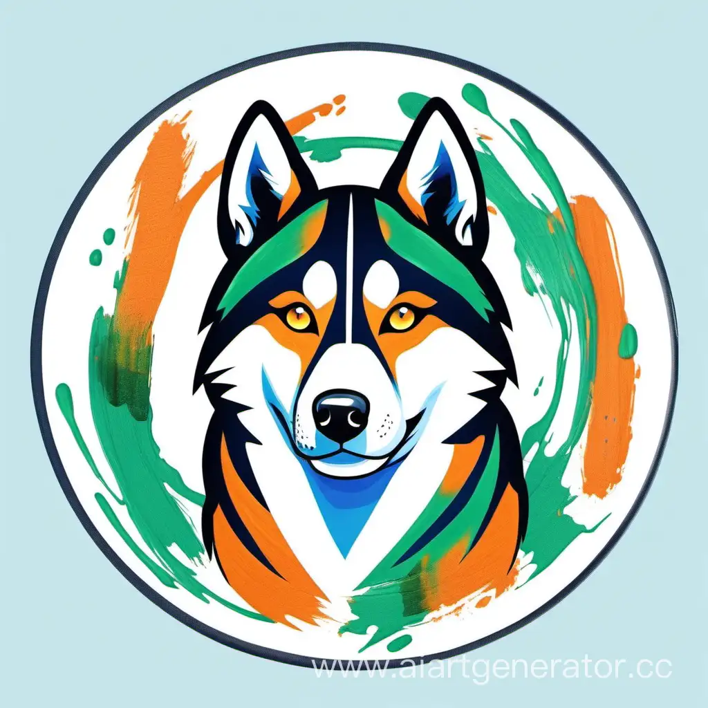 Circle icon with orange and green paint strokes with blue-eyed husky in the center