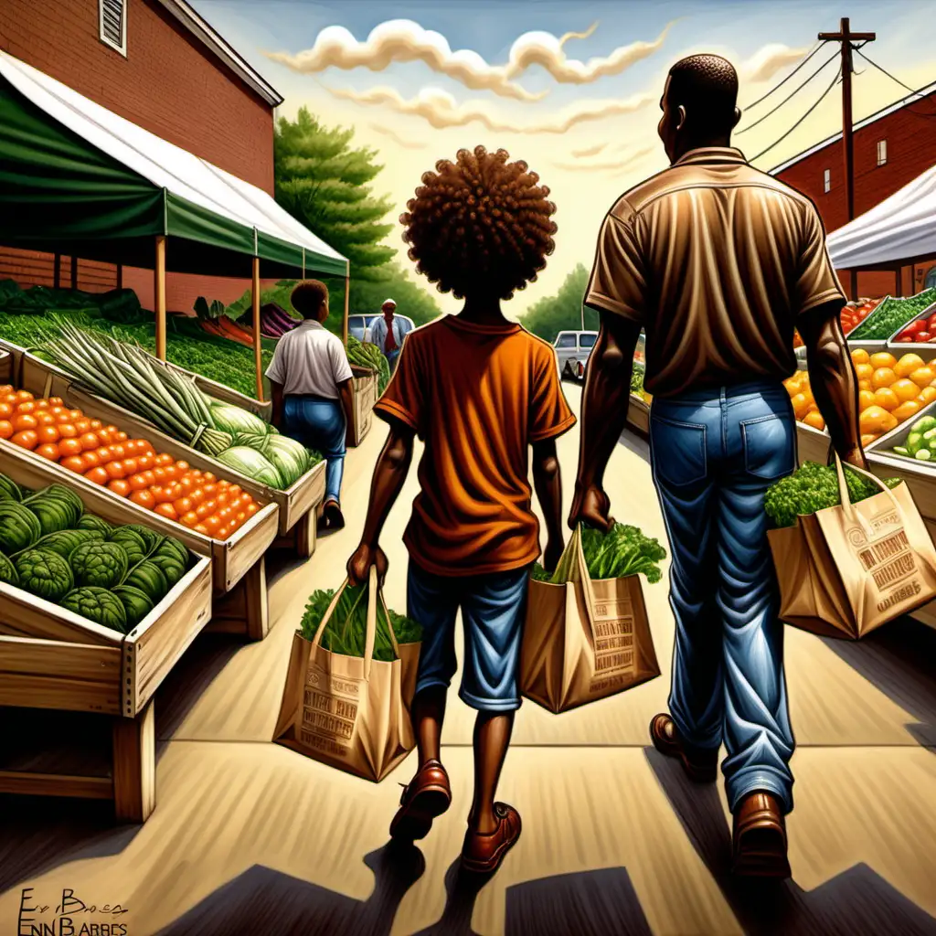 Ernie Barnes style cartoon african american 10 year old boy with curly hair leaving the farmer's market with his parents holding bags of vegetables back view