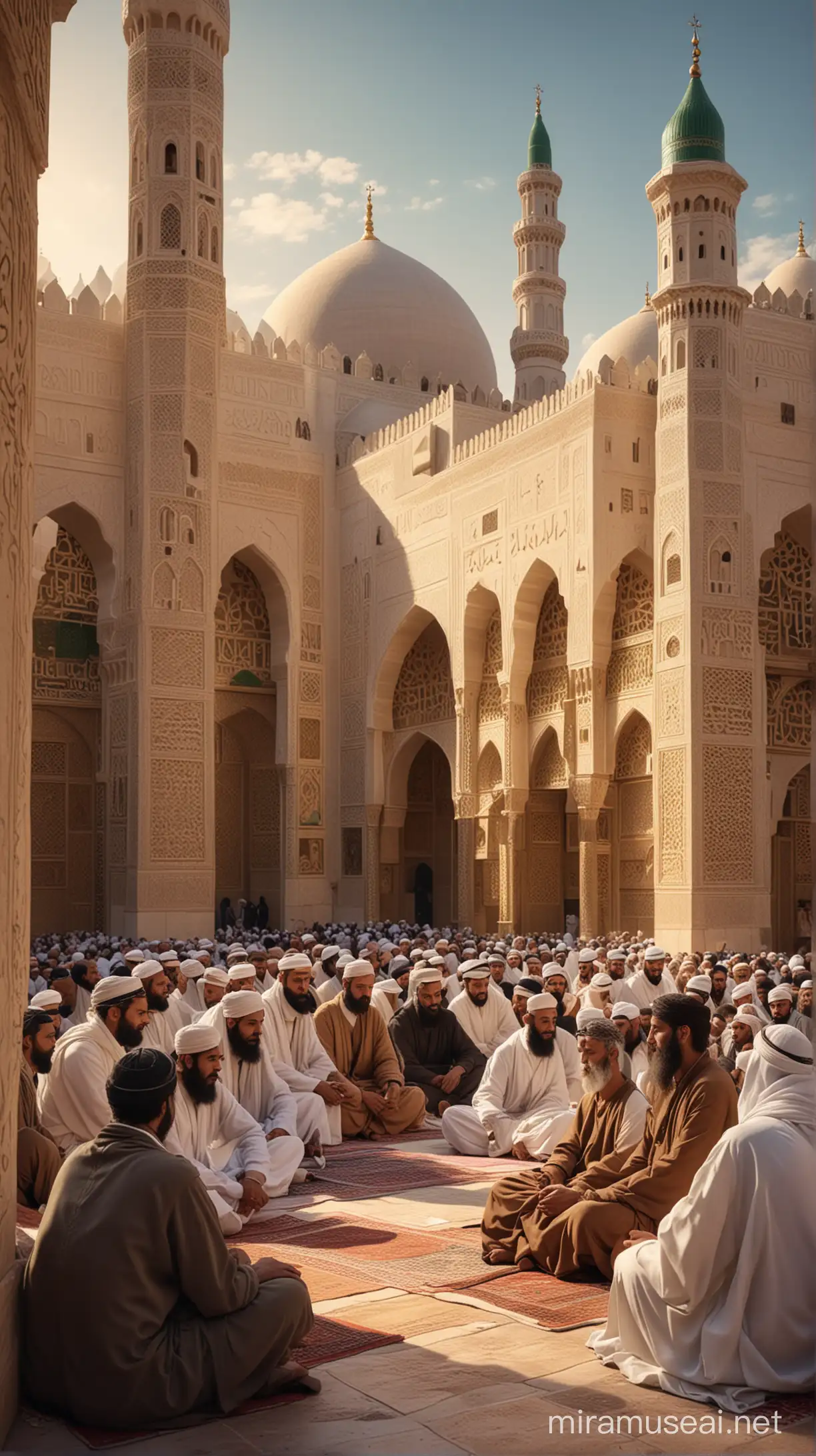 An image of Muhammad, the Prophet of Islam, sitting with his companions in the serene surroundings of Medina, imparting words of wisdom and guidance, 4K HD with islamic tradition
