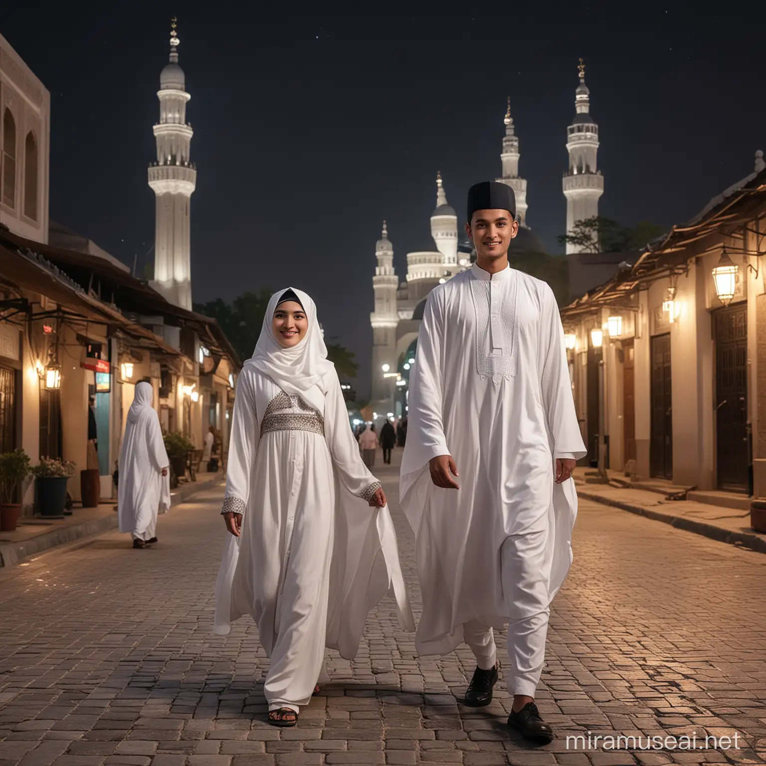 Indonesian Muslim Couple Strolling Through Village Streets at Night