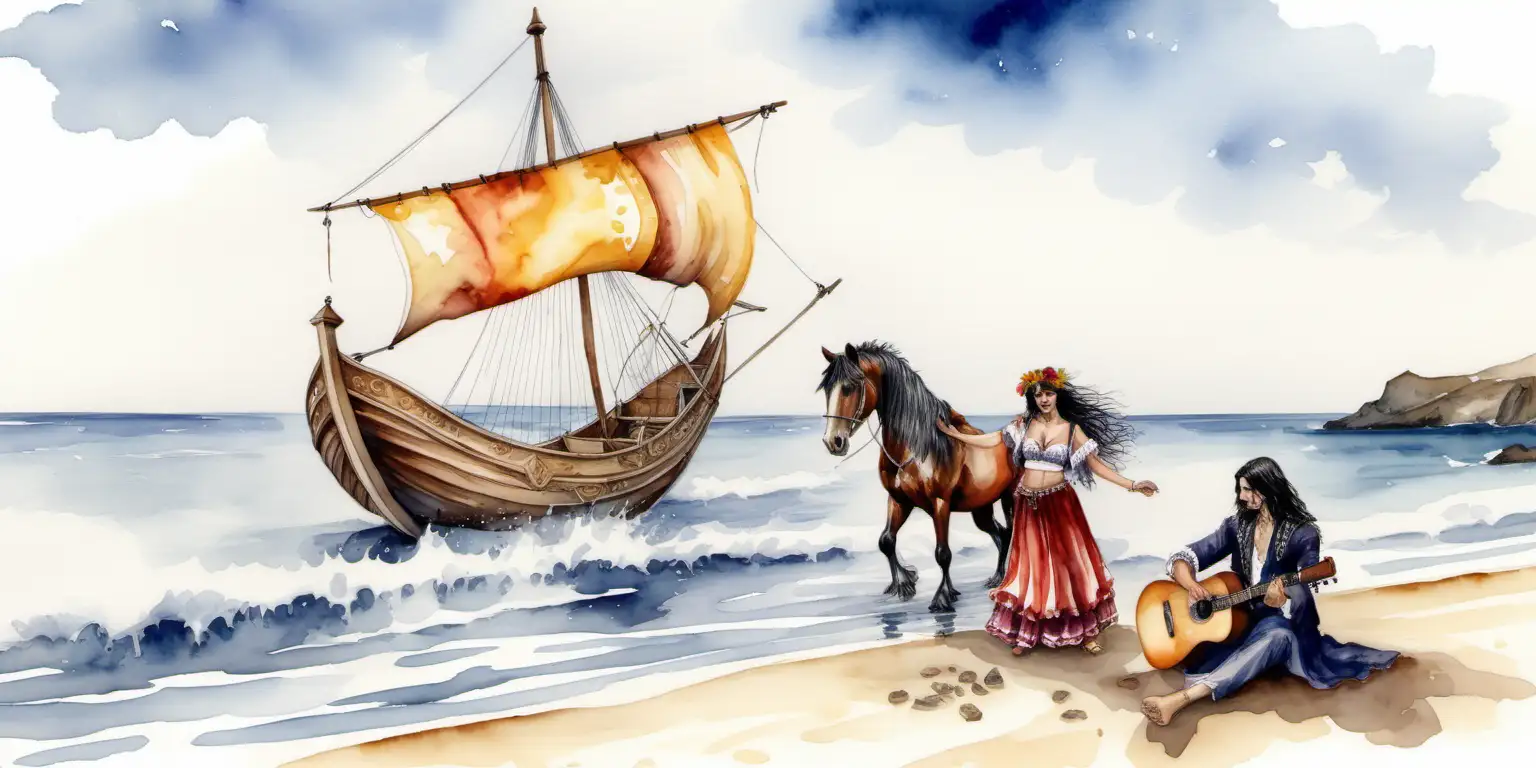 a water colour painting of a romany gypsy vardo on a beach , there is a spanish galeon in the ocean there is one  gypsy cob horse standing in the water, romany gypsies are dancing near a fire , one gypsy is playing a guitar, 