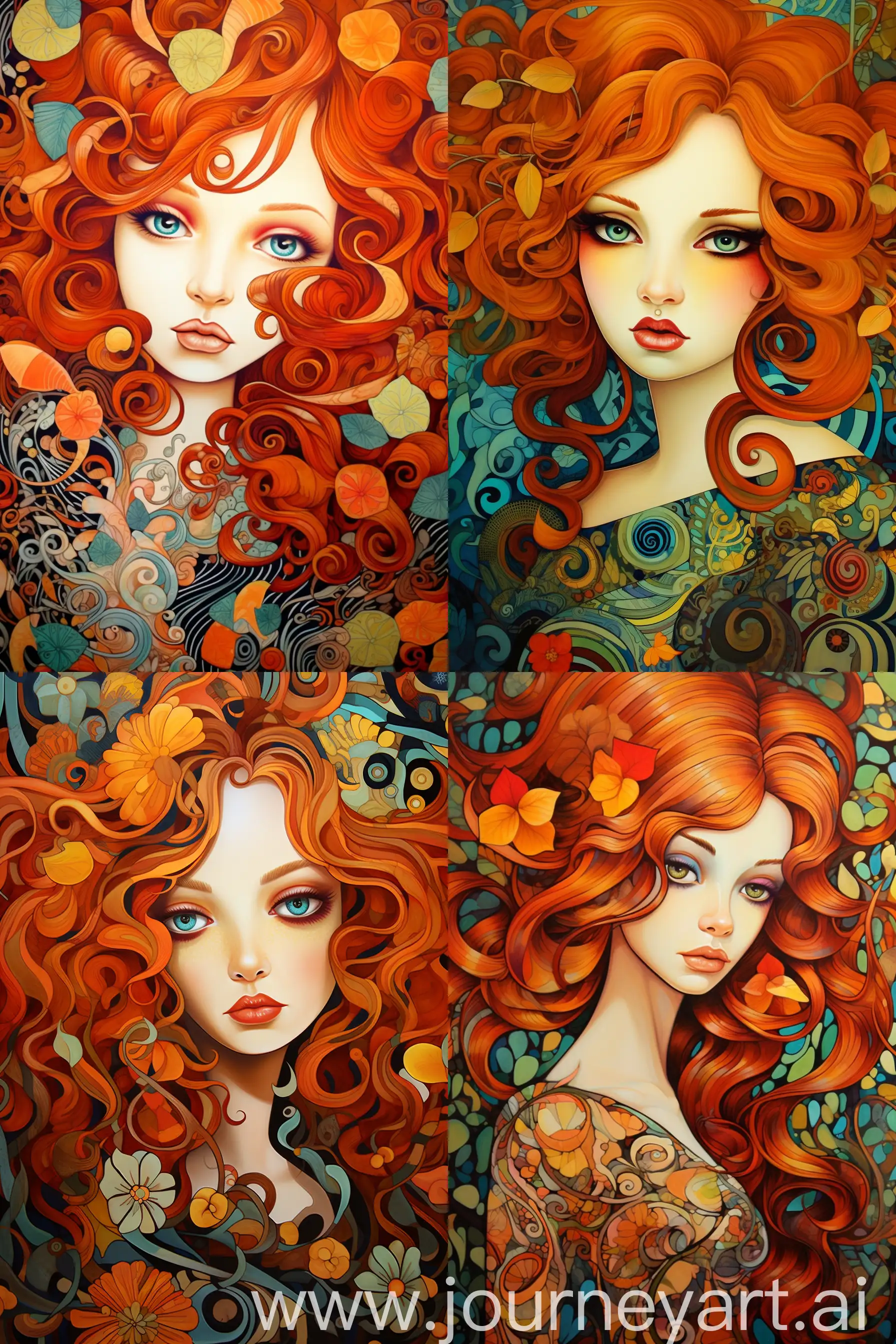 a illustration of a woman with red hair, an art deco, inspired by Jeremiah Ketner, orange and brown leaves for hair, maxim sukharev, extremally detailed, charming expression gesicht, gustav klimt style --v 5.2 --q 2 --ar 2:3