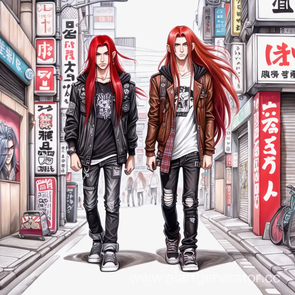 нарисуй двух парней гуляющих по токио один 170 см с длинными красными волосами и одеждой в панк стиле. второй парень 187 см с длинными коричневыми волосами и одеждой в рок стиле.