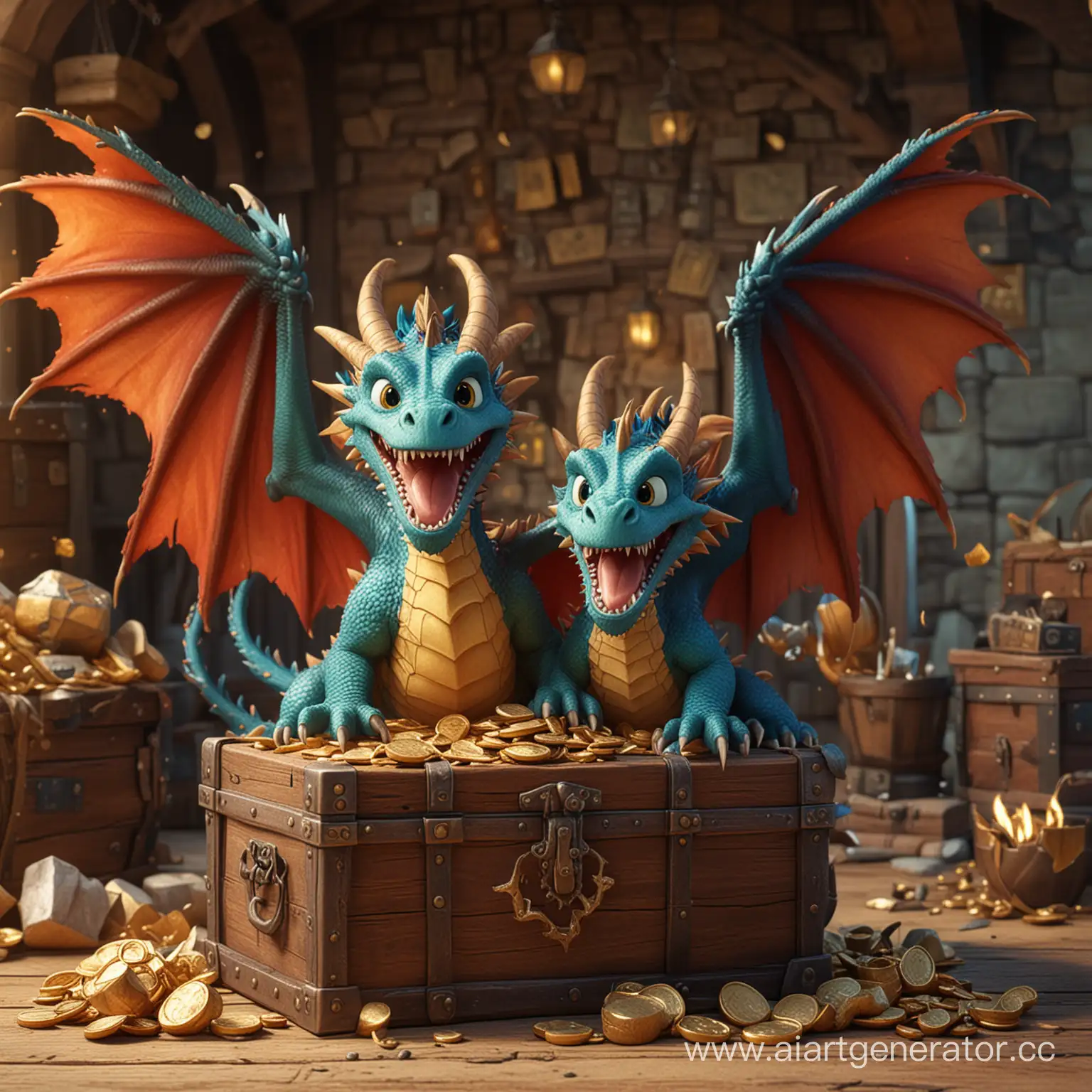 Joyful-ThreeHeaded-Dragon-with-Treasure-Chest-in-Pixar-Style