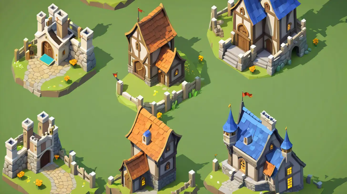 3D low poly isometric map of a fantasy village, with simple medieval buildings featuring blue roofs and stone walls in a cute cartoon style on a green background. Many objects are around the city like houses, towers, castles, streets, trees, statues and buildings. It could be used as a game asset sheet with simple shapes for game design or mobile game art
