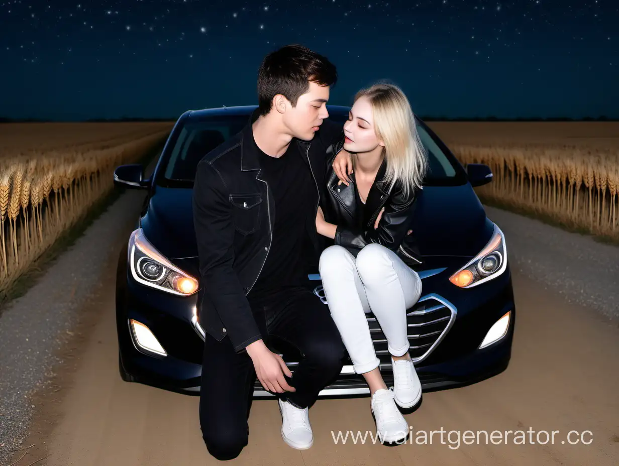 Romantic-Stargazing-in-a-Wheat-Field-Darkhaired-Guy-and-Blonde-Girl-Embrace-by-a-Hyundai-Solaris