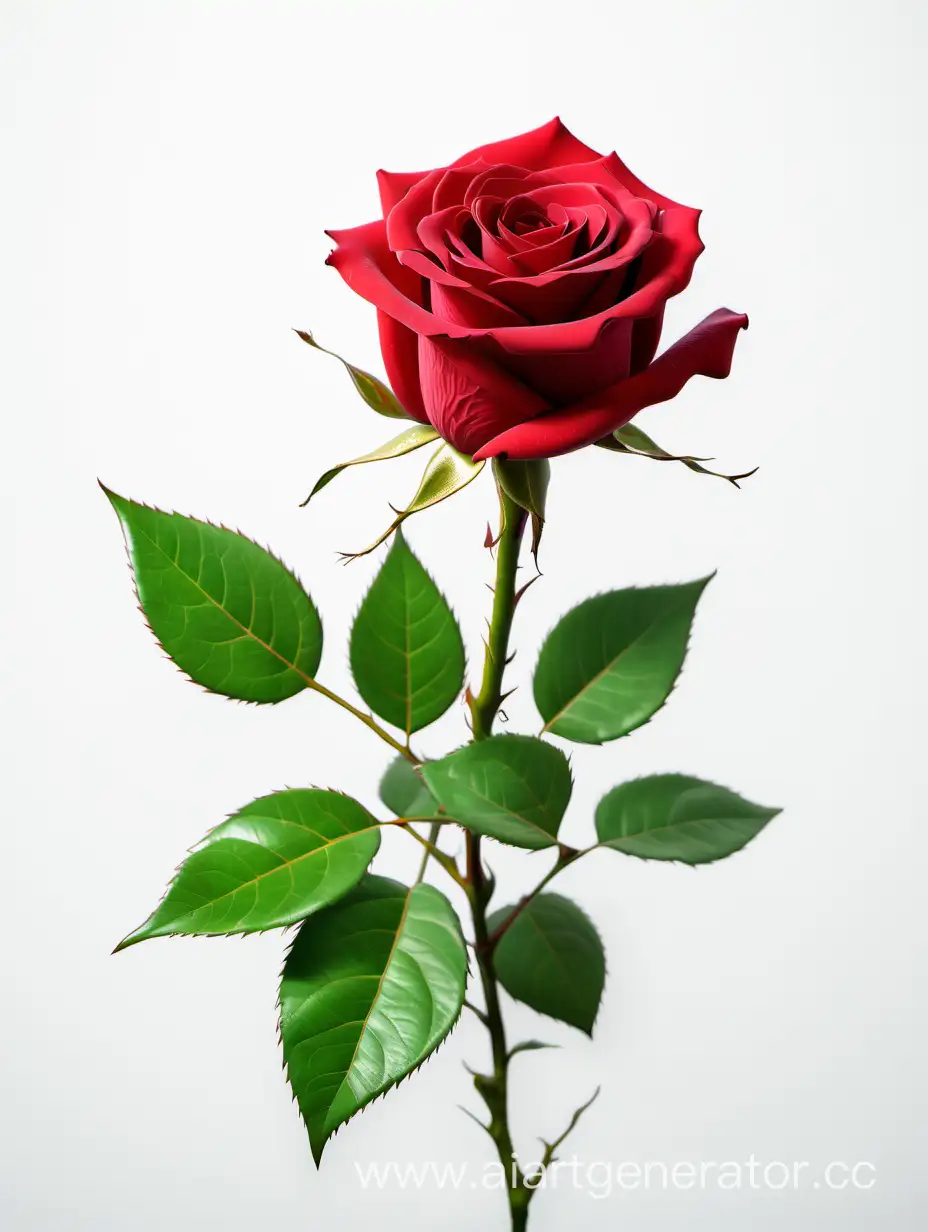 Vibrant-4K-HD-Red-Rose-with-Lush-Green-Leaves-on-White-Background