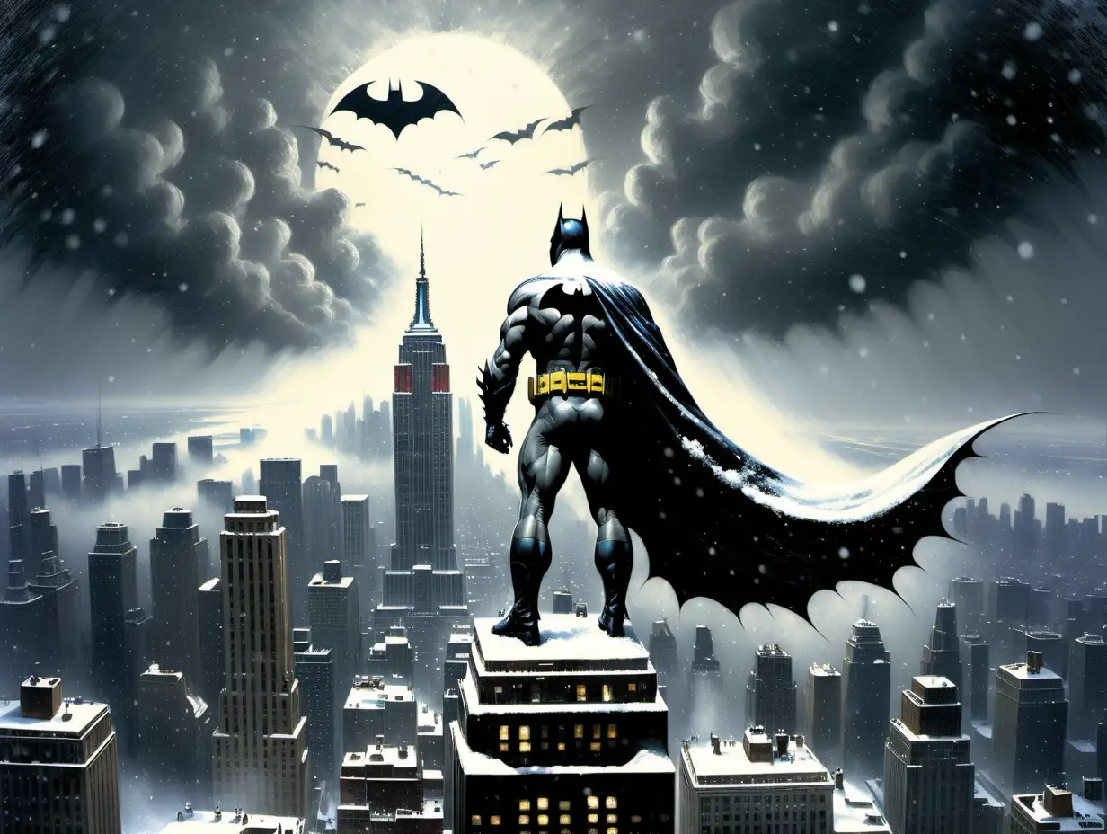 Batman on the top of Empire State building in a snow storm Frank Frazetta style