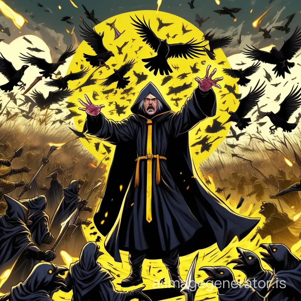 RPG wizard wearing a black robe with yellow details casting spells in the middle of a battle with hundreds of enemies with crows flying in the background