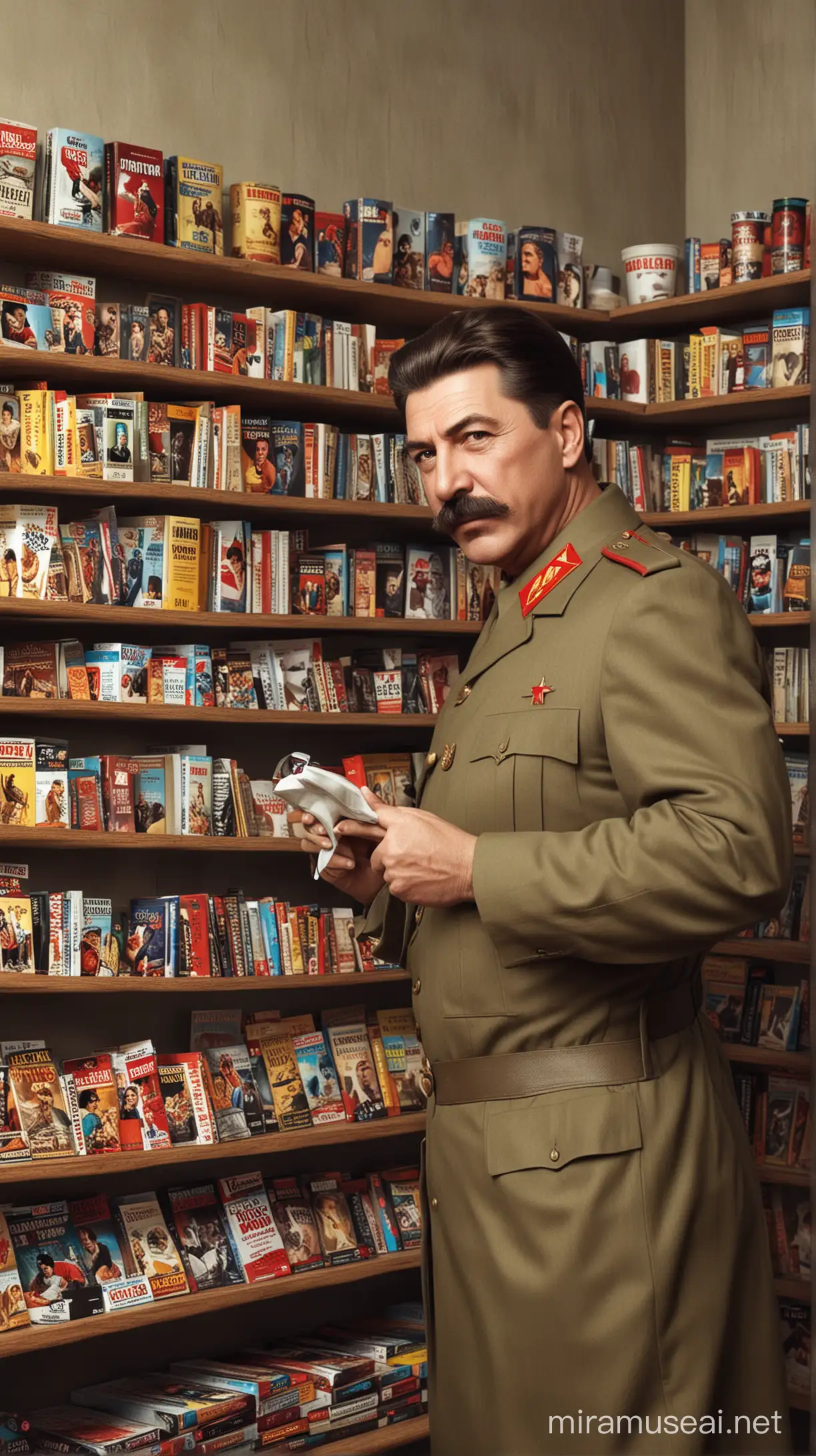 Create an image of Joseph Stalin cleaning collection of movies on wall shelves. Hyper realistic