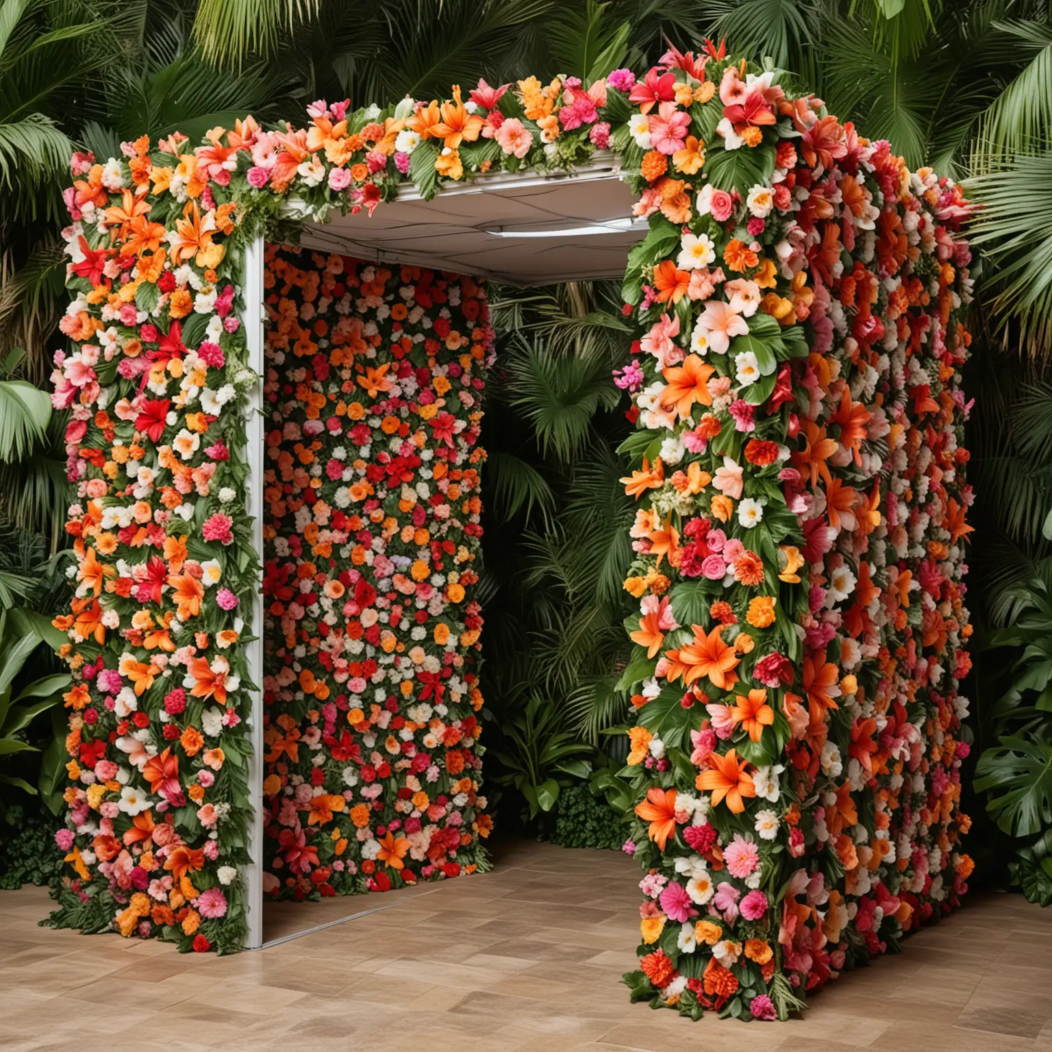 Cubed photobooth covered in tropical flowers everywhere with no doors or windows