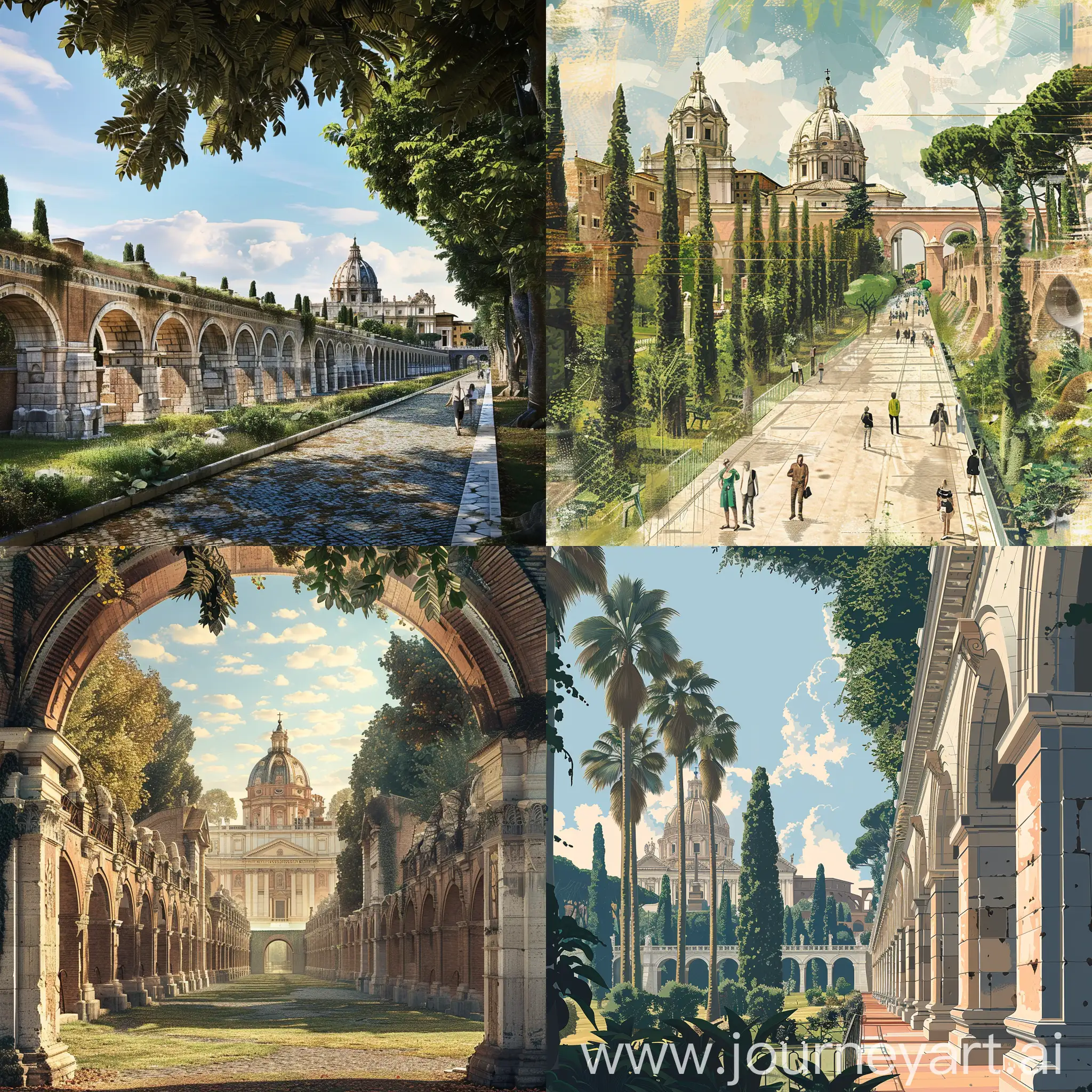 create an image that acts as key art for a campaign aimed at increasing tourism to the Municipio VII in Rome. The image has to feature elements of Park of the Aqueducts in Rome and Archbasilica of Saint John Lateran in Rome