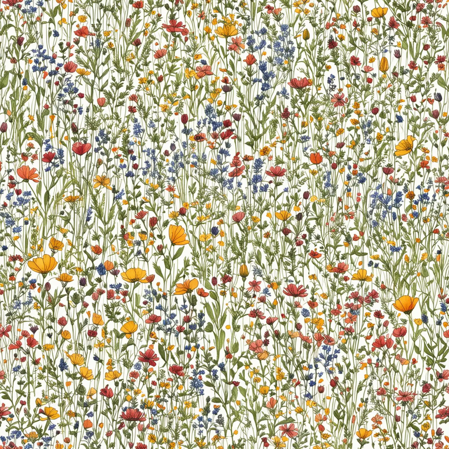 Simple water color and line drawing of a field of wildflowers native to the Northeast US
