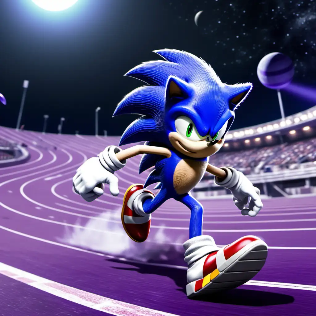 Sonic the Hedgehog, competing on a race, on a stadium in the moon, against a purple Among Us character.