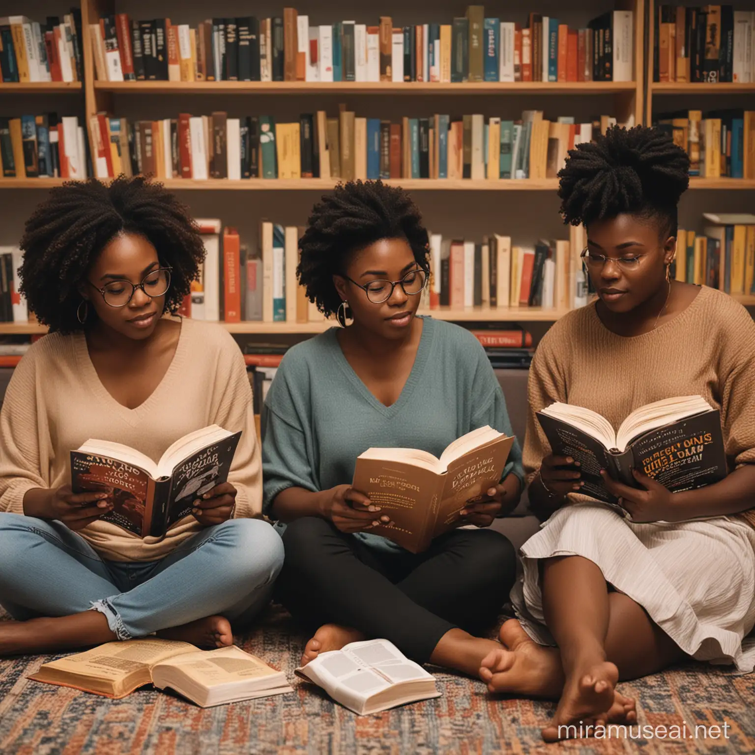 a melanin book club members reading books
