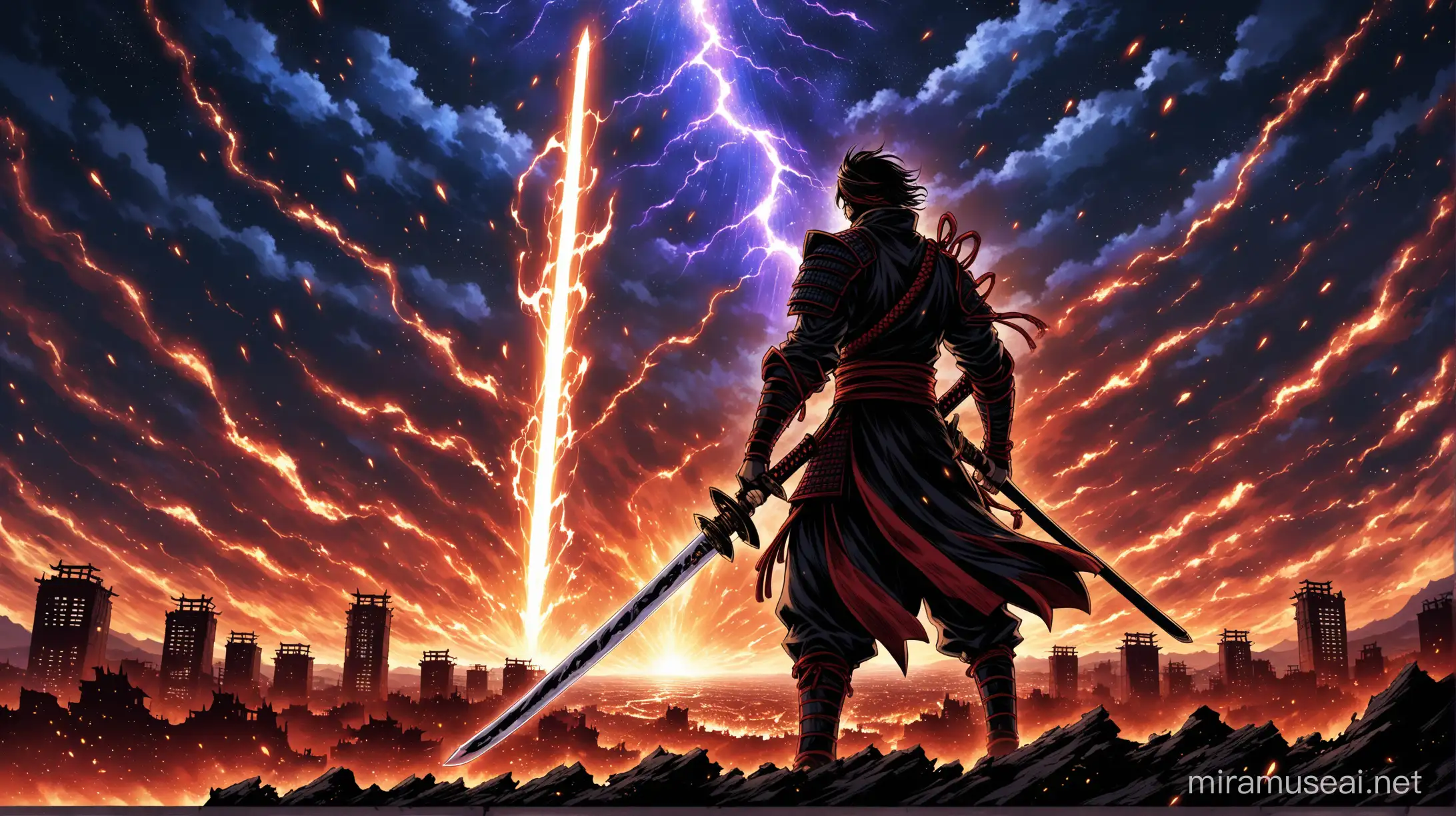 a shadow fighter with cosmic energy filled the night and his sword is generating the thunders of the sky and the glory and the energy from his transmiting throughout the night in a destroyed samurai city