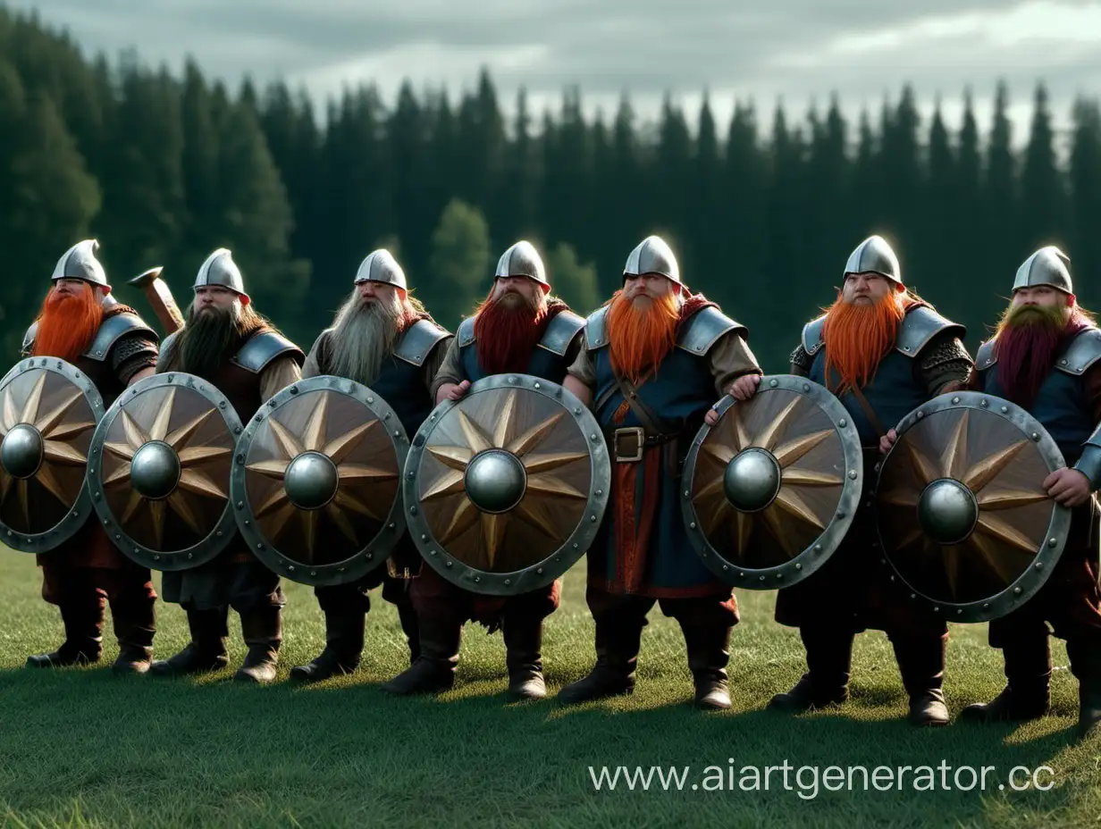 Шесть дварфов стоят в поле, держат в руках большие щиты и молоты