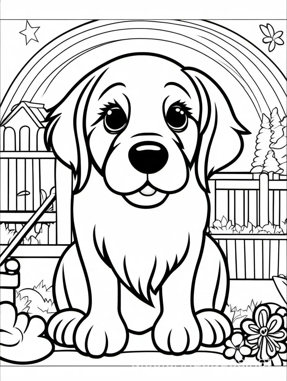 Adorable-Newfoundland-Dog-Coloring-Page-Lisa-Frank-Style-Black-and-White-Line-Art