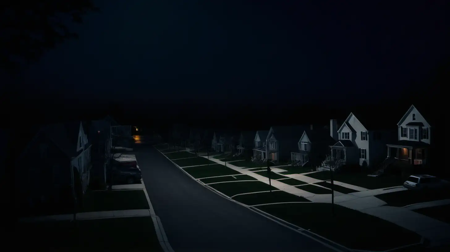 Eerie Night in Suburbia Tense Atmosphere Captured in Dimly Lit Neighborhood