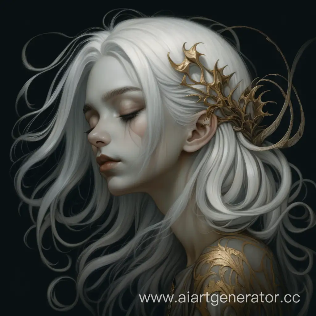 girl with white hair, long eyelashes, closed eyes, dark background, 3/4 face, portrait, elegant, golden ratio, horror, creepy, ominous, haunting, cinematic, cgsociety, James jean, Brian froud, ross trans