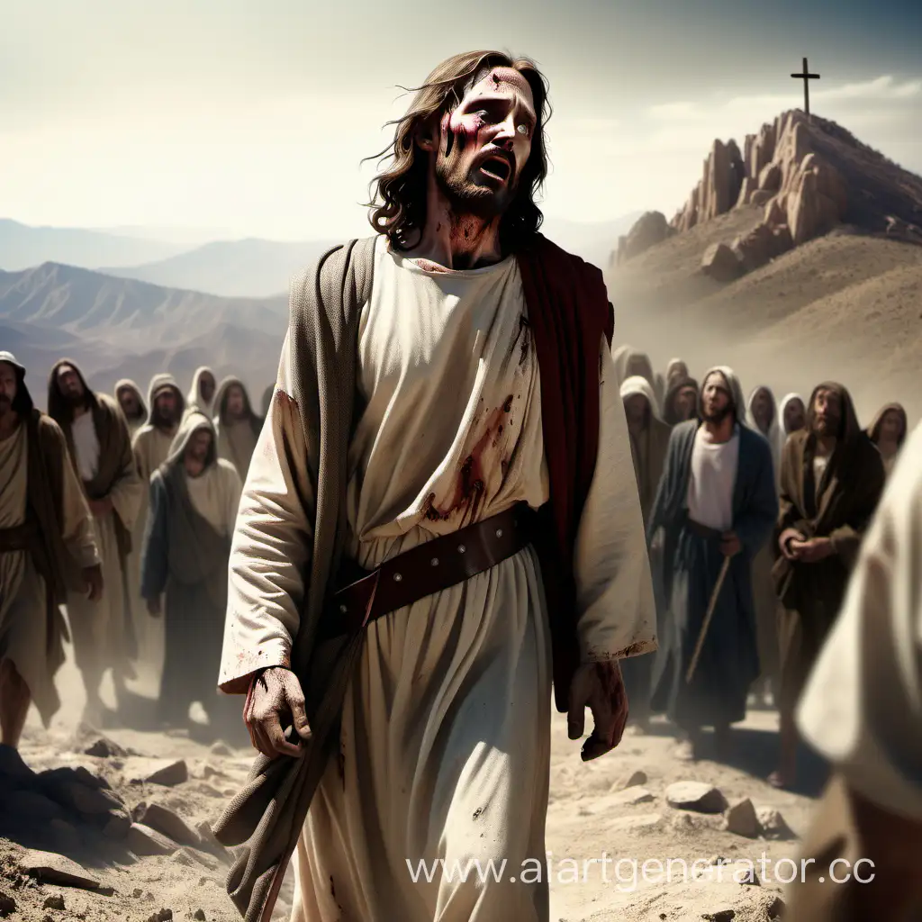 Иисус, измученный и избитый, с крестом на правом плече в пустыне на гору. Толпа  за ним

