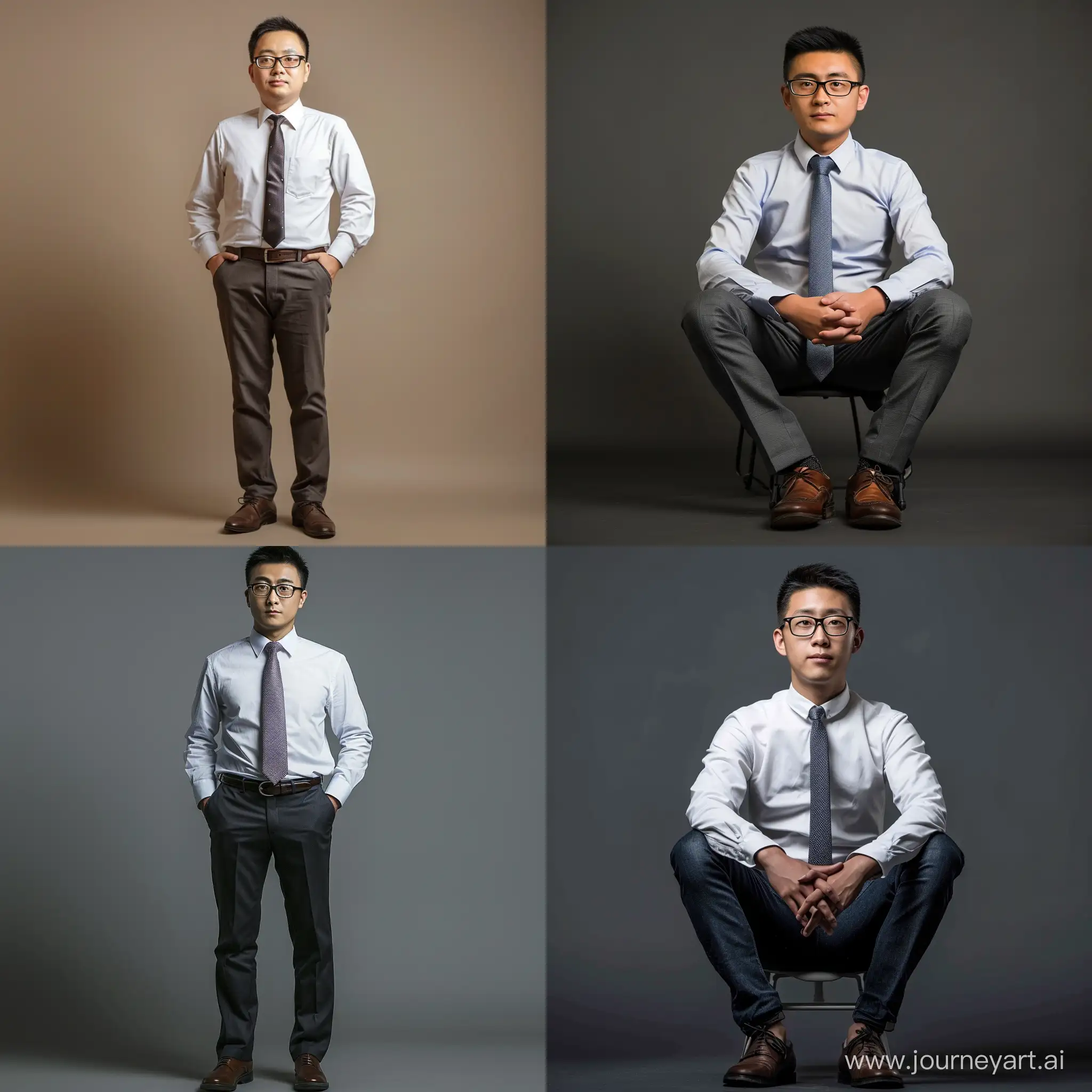 中国人，正装，领带，皮鞋，半框眼镜，领带，轻微胡渣，35岁左右，白领，职场男性