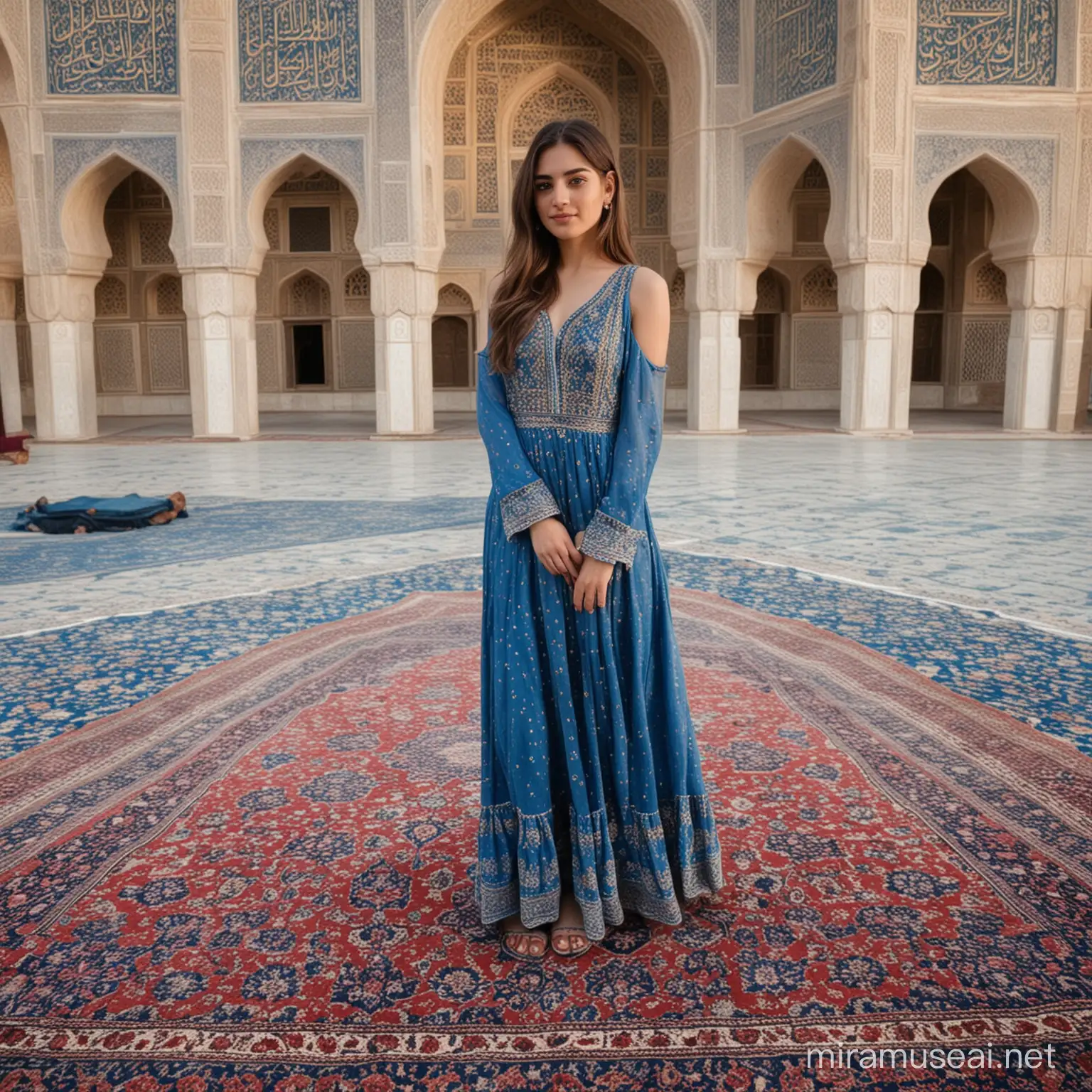 persian girl in an persian blue dress standing in the middle of the persian blue carpet from a front angle with the background of the mosque