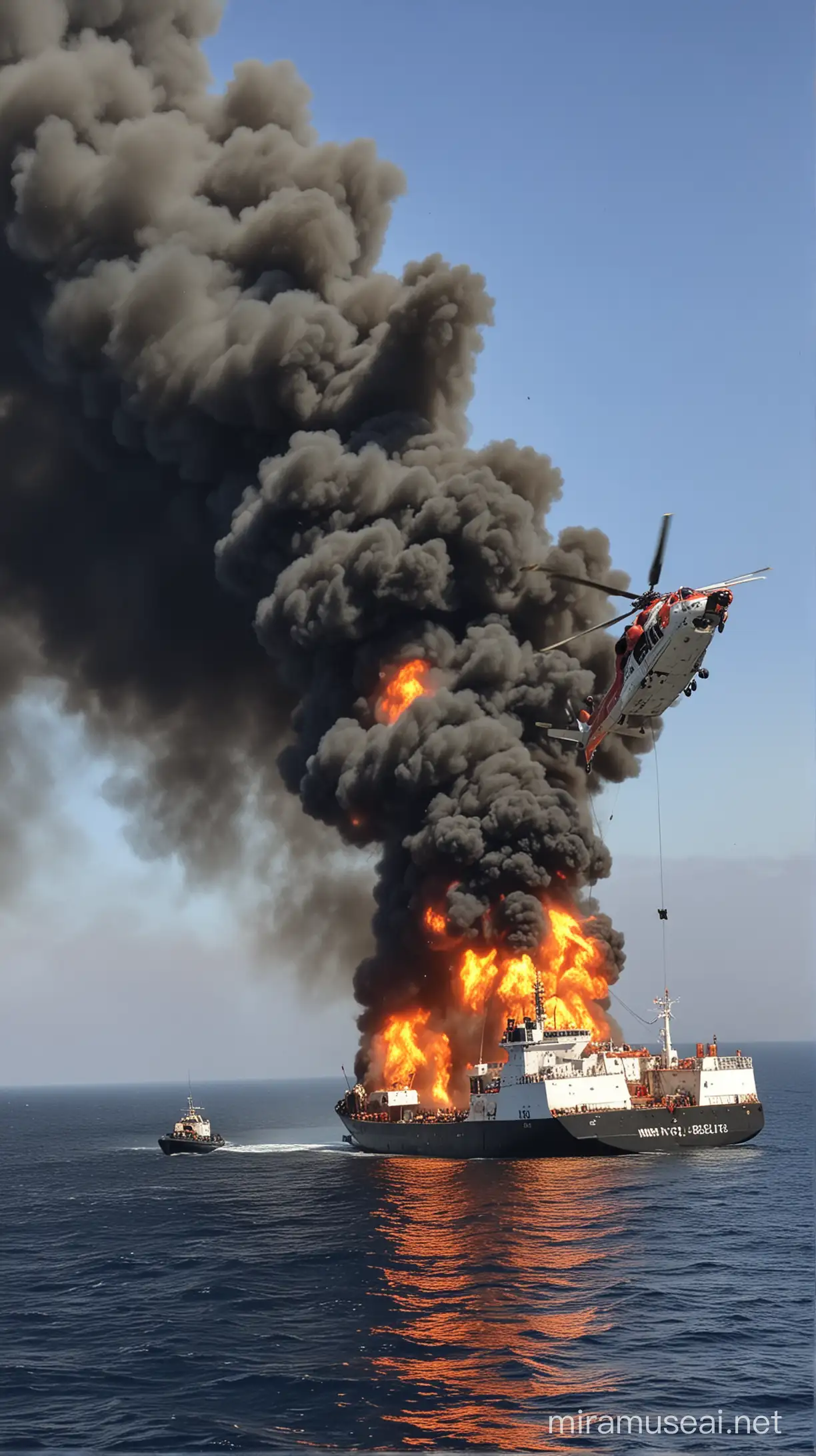 Helicopter Rescue Operation at Sea Cargo Ship Fire