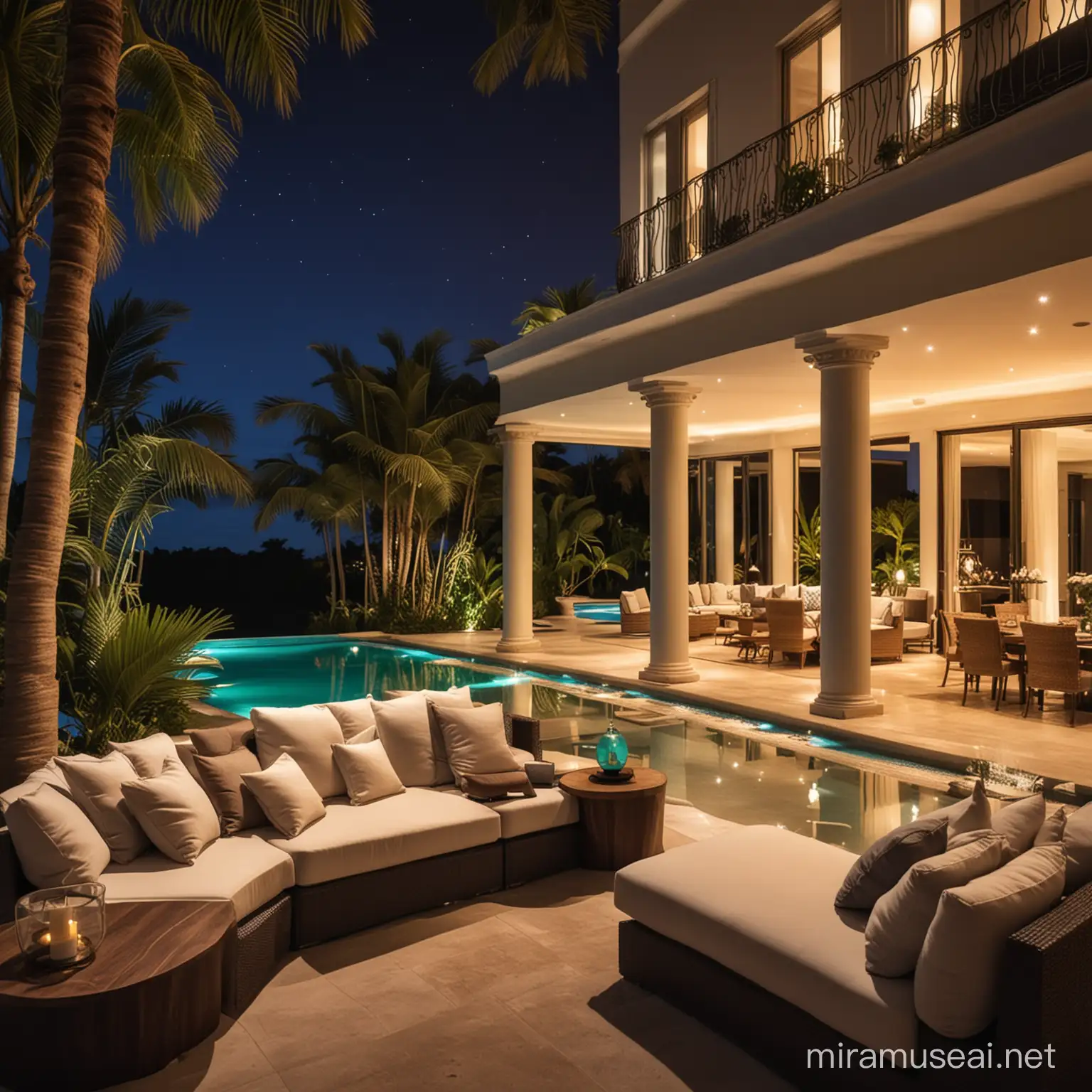 luxury mansion, inside view of lounge, in a tropical Lanscape at night 