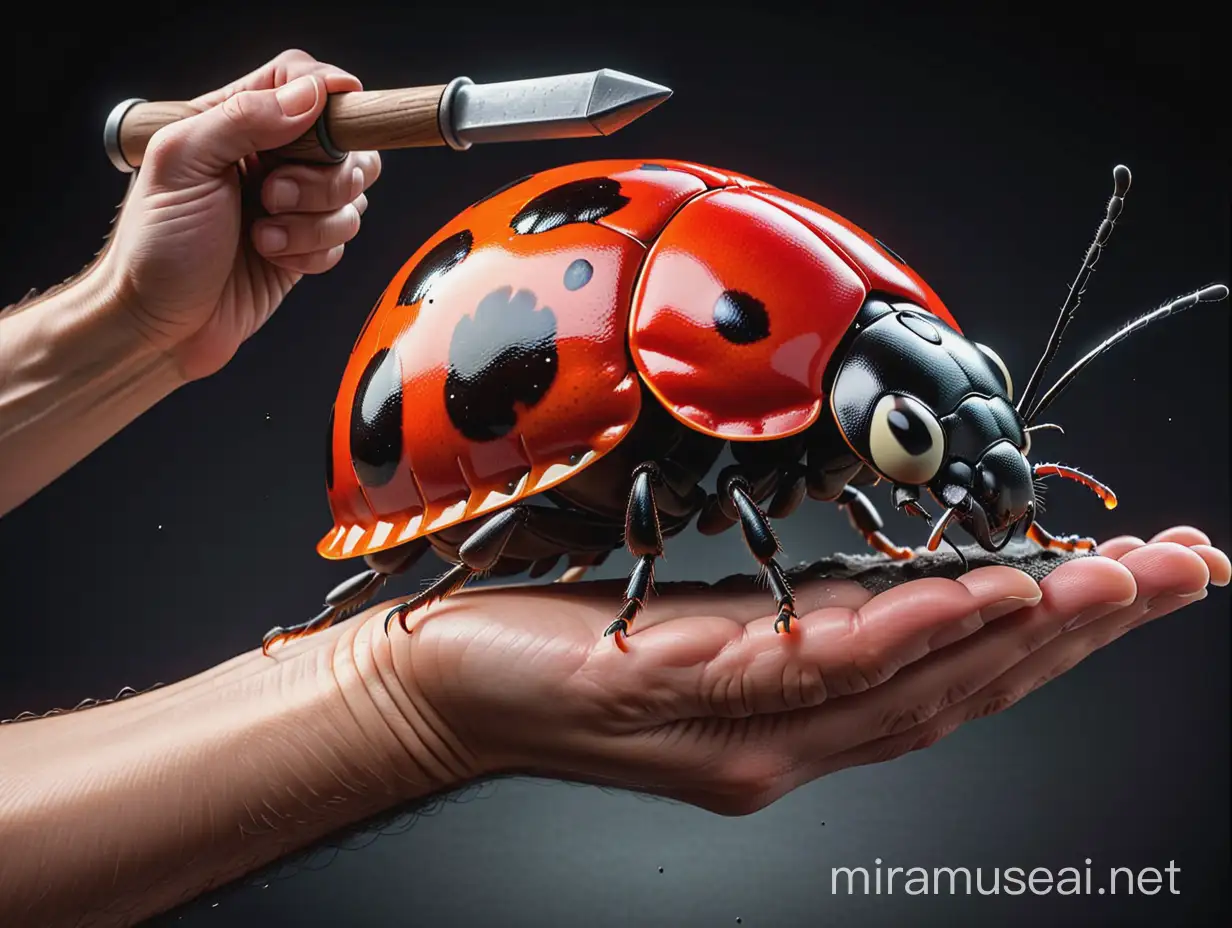 A pair of hands holding a hammer to hit a nail into the hardshell of a huge, giant ladybug. The ladybug retracts and folds all legs under its elytra. The tone is neutral. Give me a dark background.
