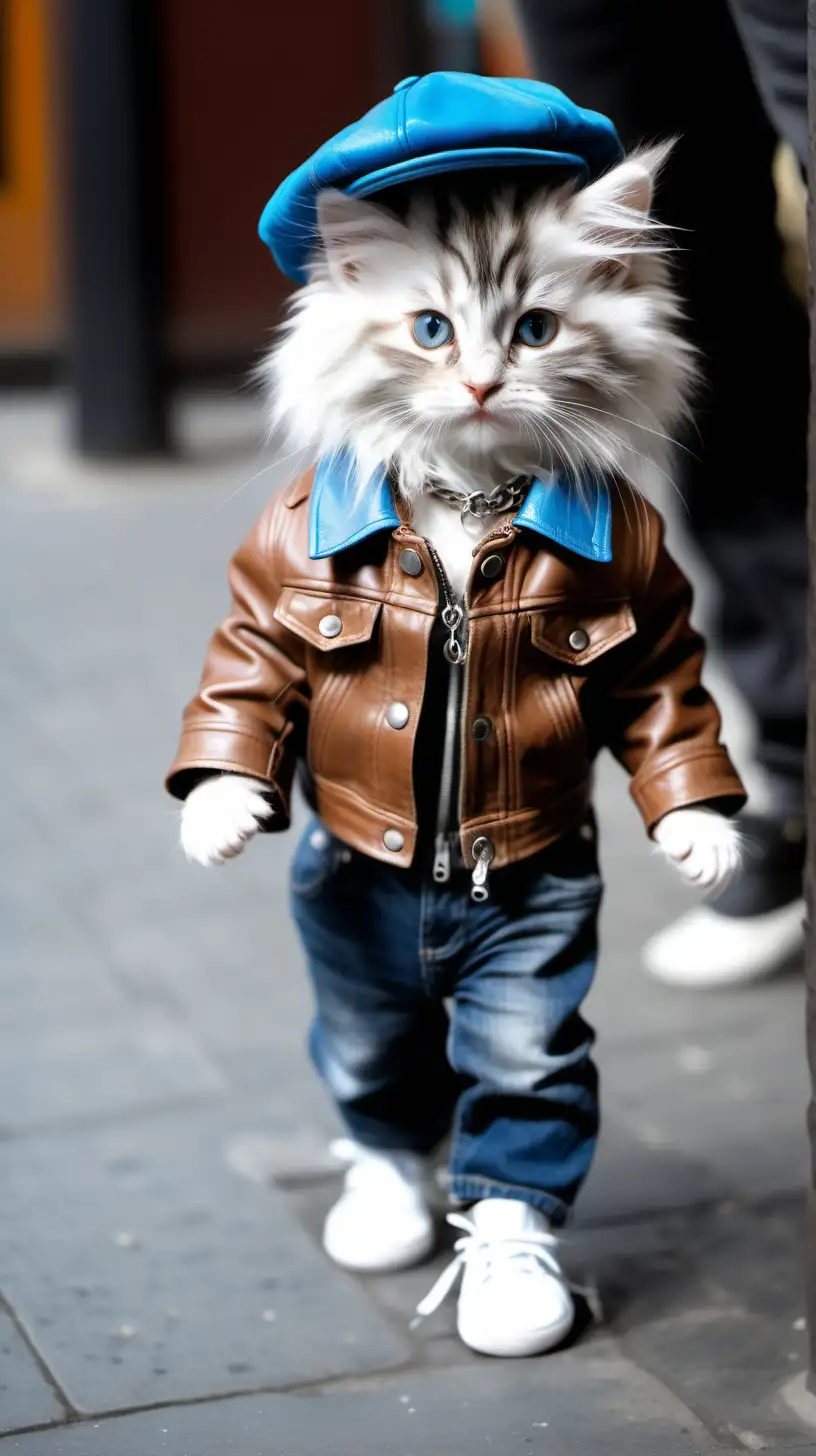 White gray Angora baby cat. wearing a blue and brown leather jacket. Hat. chain. black pants. shoe. Walking in the city center bar shot.