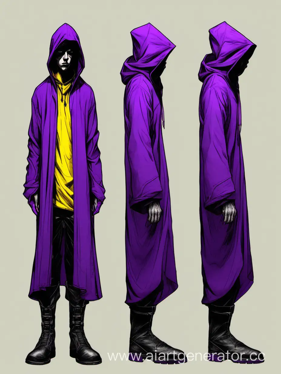 персонаж  в трёх видах  перед бок с права бок с лева ,голова капюшон , цвет одежды фиолетовый,пол мужской ,фон прозрачный ,тело в жёлтой накидке,обувь сапоги чёрные 
