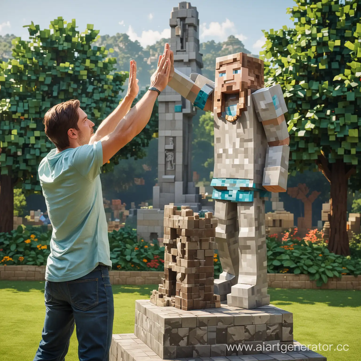 Steve-from-Minecraft-Worshiping-Statue-in-Pixelated-Landscape