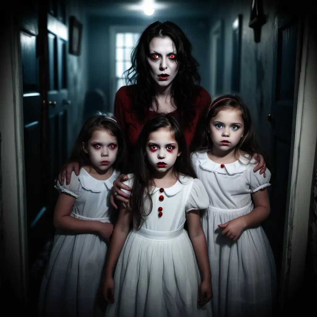 brunette woman with three little girls in a haunted house, creepy, red eyes