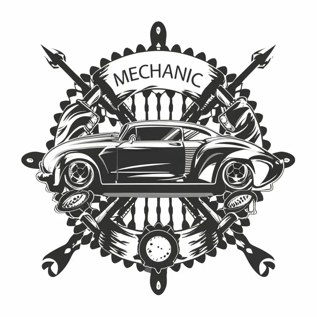 logo, abstract in pirate style with a car frame in black and white, with the text "mechanic", typography, be used in Automotive industry