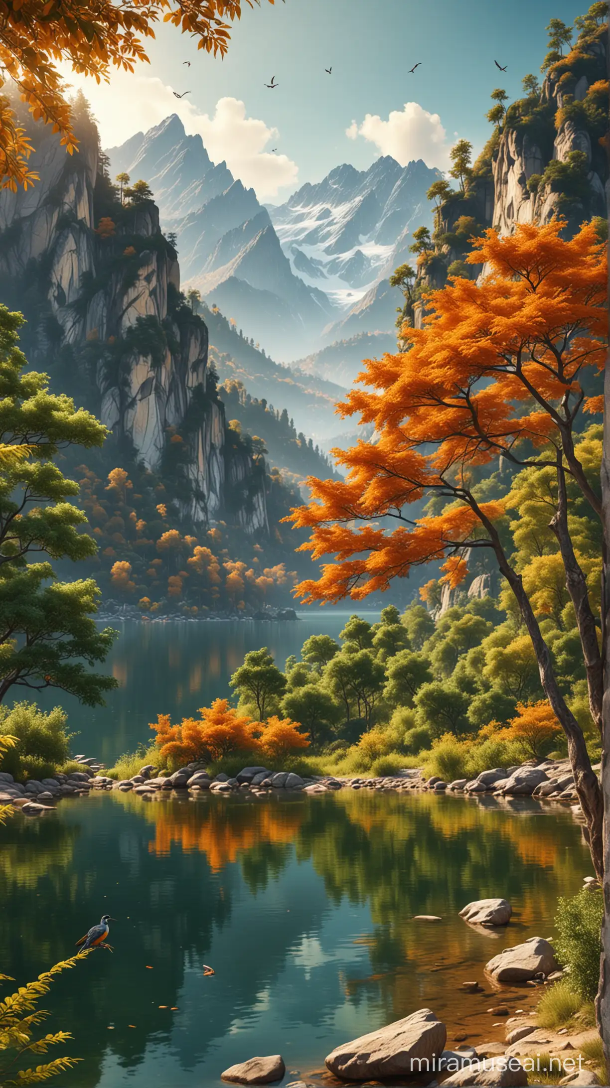 beautiful nature, lake behind, mountains,  green forest, birds, orange trees, super realistic, super detailed, super vivid, photography style, best quality photograph, 8k. 